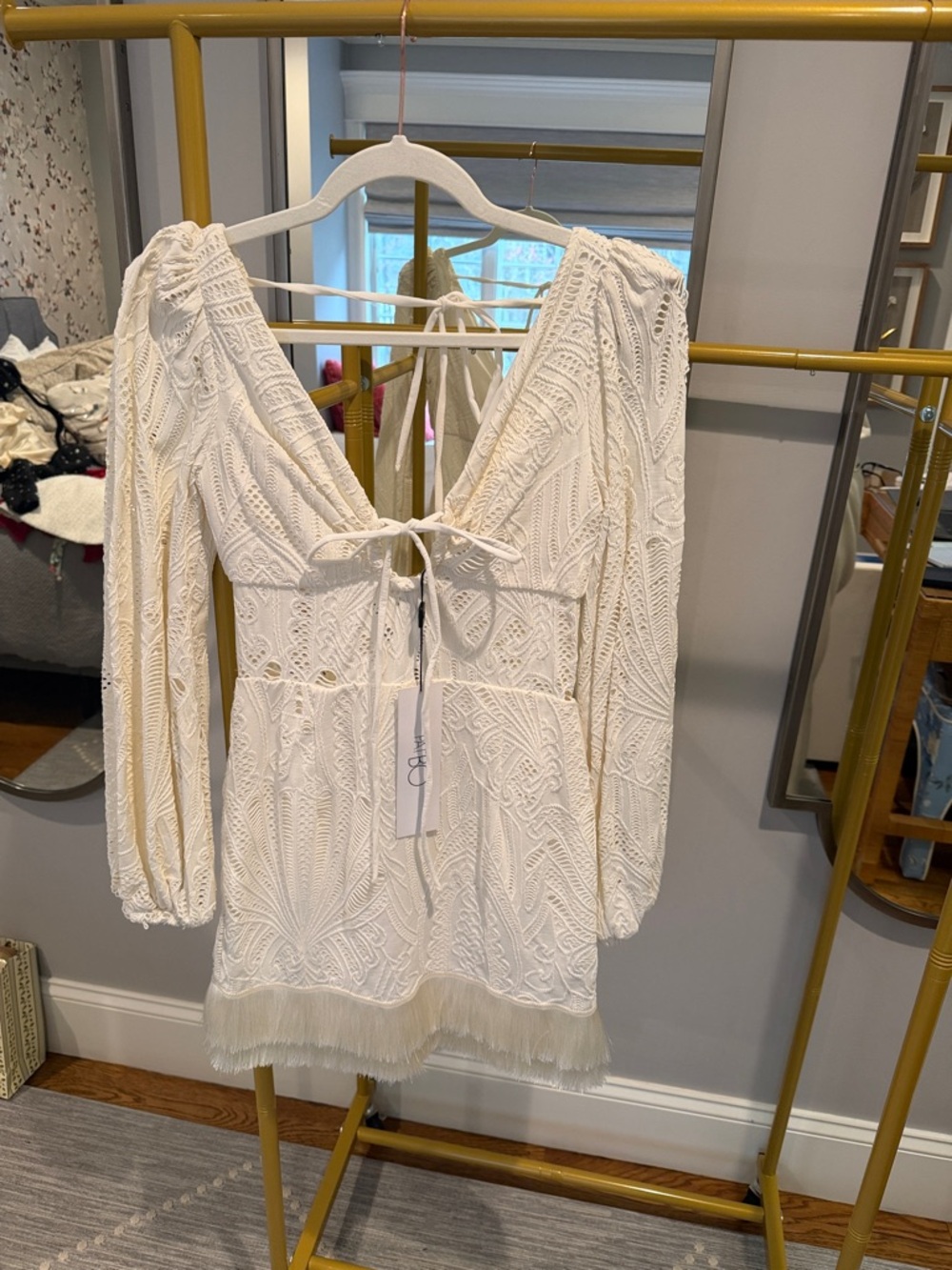 PatBo Ivory Lace Mini Dress with Fringe Trim NWT size 4 US BRAZIL 36